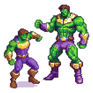 Hulk vs Thanos battle scene, green muscular superhero fighting purple villain with Infinity Gauntlet, action poses sticker