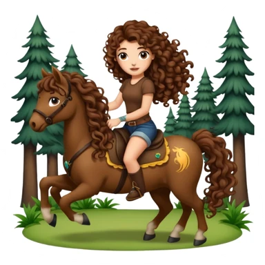 cute woman long curly brown hair tattoos riding forest pony sticker