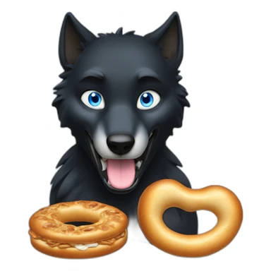 a full black wolf with blue eyes eating a bretzel sticker