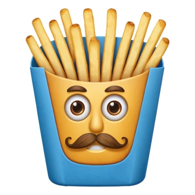 long slim crispy fries in a blue carton, carton has eyes and mustache sticker