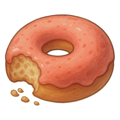 Bitten donut in Ghibli style, detailed, soft red colors, with no background sticker