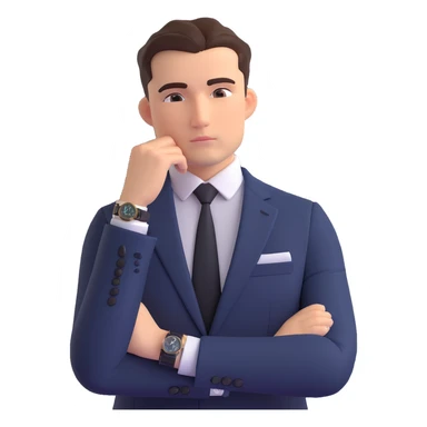 front-facing emoji-style illustration of a thoughtful businessman from the waist up, wearing a sharp suit, hand under chin, gazing slightly to the side, luxury watch visible on wrist, expression of curiosity and contemplation, clean background sticker