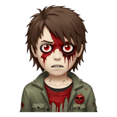 Boy, zombie, brown hair, medium long and wavy, emo, shaggy, dark, spooky, creepy expression sticker