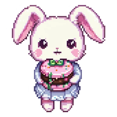 chibi bunny holding a giant macaron, soft pink background, pastel dessert theme, adorable illustration sticker