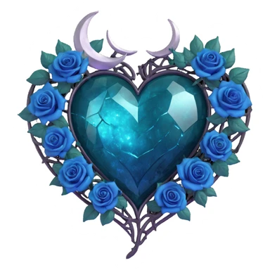 gothic heart made of dark teal glass with silver crescent moon, midnight blue roses, holographic stardust, neon lightning, drenched look, splintered glass texture sticker