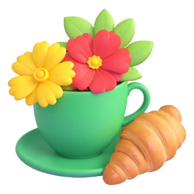 A green cup of coffee with a flower on top and a green bow, next to a croissant, in a warm, cozy setting. sticker