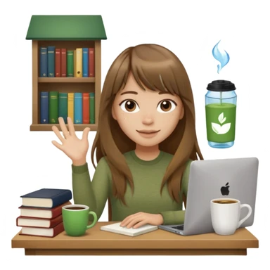 a designer with light skin long brown hair bangs waving, stack of books, coffee cup on top, water bottle, computer, matcha  sticker