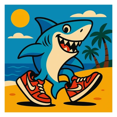 shark with Nike shoes, sunny beach background, vibrant style sticker