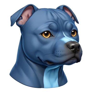 Cinematic Noble Blue Staffordshire Bull Terrier Portrait Emoji, Poised and regal, with a compact, muscular build and a sleek, well-groomed blue Fur, deep-set soulful dark eyes, Simplified yet sharp and sophisticated features, highly detailed, glowing with a soft, dignified glow, high shine, intelligent and loyal, stylized with an air of strength, focused and attentive, soft glowing outline, capturing the essence of a watchful and confident guardian, so majestic it feels as though it could stride out of the screen with effortless authority! sticker
