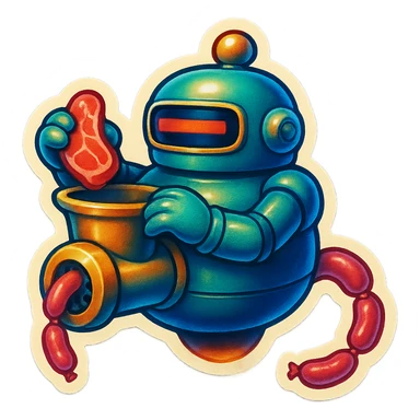 a robot that uses arms to put meat in large hole on top. sausage links come out robots rear. no legs on robot. robot hovers. robot feeds itself meat sticker