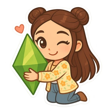 Create a chibi sticker of the girl from the reference image. She has brown straight hair styled in double buns, brown eyes, wearing a pastel floral cardigan and jeans. The pose is being flirty and hugging a plumbob. The sticker should have a white outline and a transparent background, 512x512px. sticker