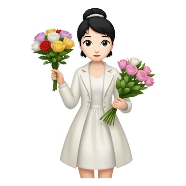 Chica blanca,cuerpo entero, vestido fiesta blanco ,manga larga ,con abrigo blanco ,pelo negro,    ramo de flores una mano, pelo recogido en moño alto sticker