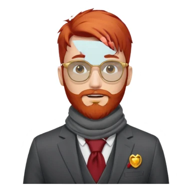 gray scarf, male,  beard, red hair, with suit, gold glasses sticker