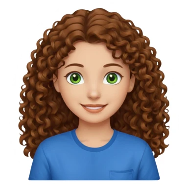girl with brown hair, green eyes with a blue shirt no background ,young with curly hair smileing long hair sticker
