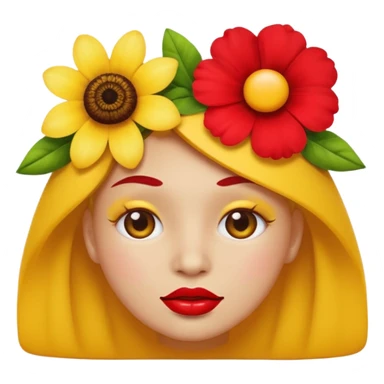 Create an yellow circle face emoji that lips are big, red, shiney and have flower on her head sticker