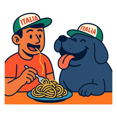 vibrant toon style guy in Italy eating pasta with a huge, happy, fat whale of a dog wearing an Italy hat sticker