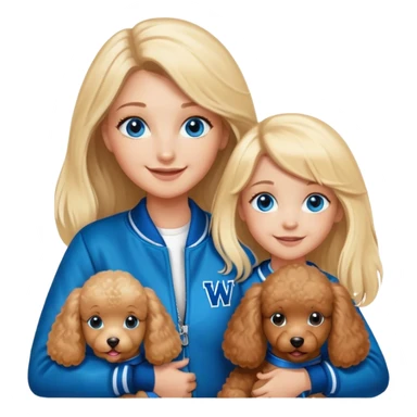 smiling mother in letterman jacket with W and Blue eyes, two Little girls Long blond straight hair and Blue eyes, poodle puppie brown sticker