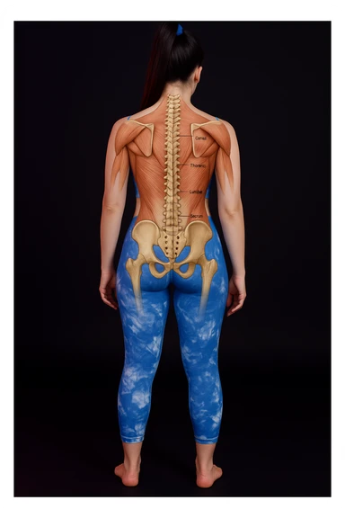 A woman with back pain, add an anatomically highlighted back on the body, variant 5, in a style suitable for editing and anatomical clarity. sticker