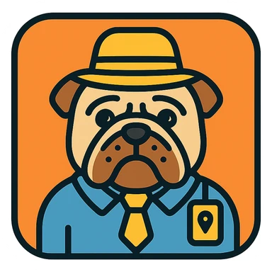 english bulldog tour guide as a web button icon wearing a hat, color outline style sticker