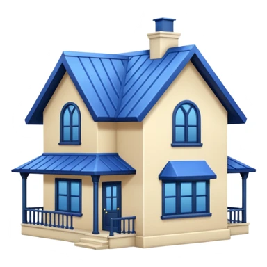 a creamy-colored house with dark blue trim and a blue roof sticker