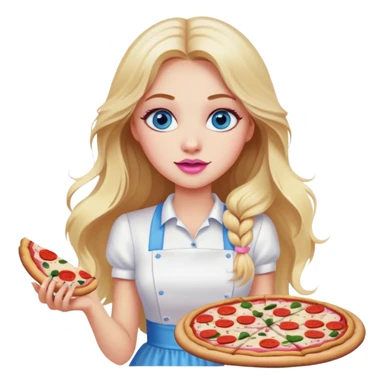 Cinematic realistic beautiful blonde with long hair, blue eyes and pink lips in a white dress cooks pizza sticker