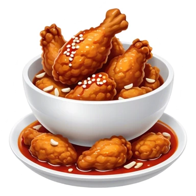 Korean Fried Chicken Cinematic Realistic Korean Fried Chicken Dish Emoji, depicted as bite-sized chicken pieces generously coated in a glossy, spicy sauce, in a bowl. sticker