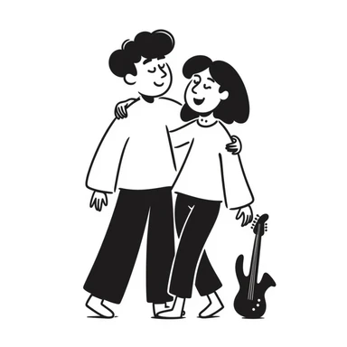 Two musicians standing side by side, both facing forward, with one's arm over the other's shoulder in a friendly side hug, both smiling, musical instruments nearby, fraternal camaraderie sticker