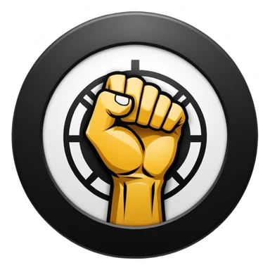 Round emblem symbolizing martial arts with a stylized fist at the center, representing the power and discipline of striking. The fist is bold and dynamic, surrounded by sharp motion lines to emphasize strength and speed.  sticker