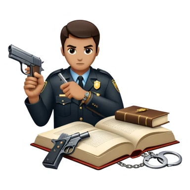 Icon for Action & Crime Reading: an open book with dramatic action scenes, surrounded by a gun, handcuffs, a badge, and a shadowy figure. The icon should evoke suspense, danger, and intrigue of crime and action stories. Transparent background. sticker