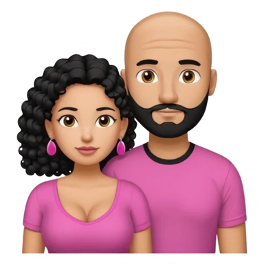 A picture if a couple. the man is a Mexican man with tanned skin, black hair, a bald hair cut, short boxed beard, and wearing a black shirt. the woman is mixed with black and white, with curly long hair, stud earrings,  wearing a pink shirt and with big boobs sticker