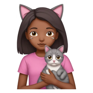 An Indian teenager girl with a pink t-shirt holding her gray cat with folded ears sticker