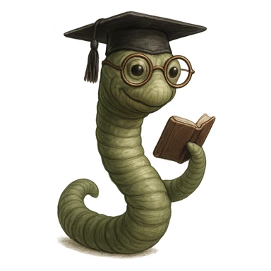 a realistic bookworm with a graduation cap, holding a small book sticker