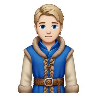 Medieval winter outfit worn by a DnD themed fantasy male character. Double-thick russet wool tunic with mink fur trim, featuring carved wooden toggles and a wide braided leather belt. Clothes only above the waist, full waist coverage. The character has no arms. Character is white-skinned with dark blonde hair, sapphire blue eyes, and medium-length straight hair touched by winter frost. sticker