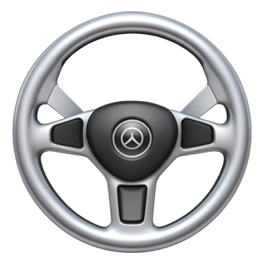 A futuristic steering wheel emoji made of silver chrome, minimal geometric design, smooth metallic surface, soft reflections, iOS emoji style, centered, clean white background sticker