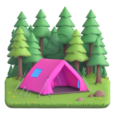 bright pink tent in a forest clearing with grass sticker
