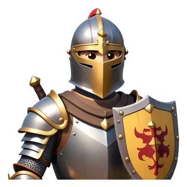 clash-of-clans-aesthetic_-cinematic-fearsome-and-majestic-knight-bust-portrait-emoji, rendered in a flat, vector-style with minimal shading and bold, simplified shapes, depicting a battle-ready medieval knight with steely eyes and intricate armor, mounted on a warhorse reflecting sunlight over a misty battlefield. sticker