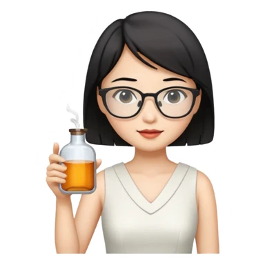 asian teacher with a white dress holding a flask with retangle glasses and black short hand  sticker