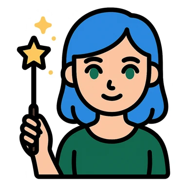 close-up face of beautiful girl with blue hair and green eyes, holding a magic wand, wearing dark green dress, icon style sticker