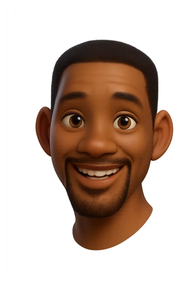 Redraw this character in a 3D Disney Pixar animation style with realistic lighting, soft textures, and expressive features. Keep the short black hair, brown eyes, and goatee. Make it look like a Disney Pixar character with a transparent background. sticker