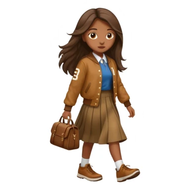 black color long hair girl with brown varsity jacket and long skirt walking  sticker