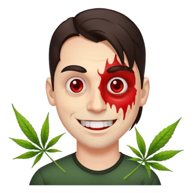 A white man with dark brown hair in a ponytail, oversized bloodshot eyes, grinning, weed smoker  sticker
