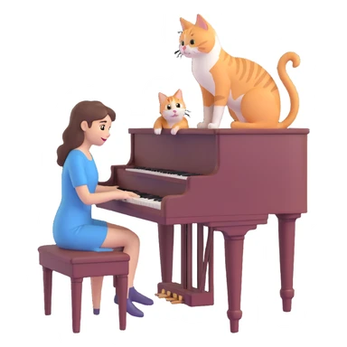 woman playing piano while her cat sits on top of the piano sticker