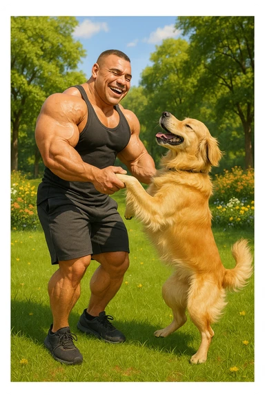 Bodybuilder che balla con un golden retriever sticker