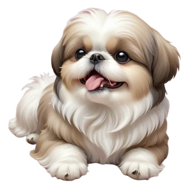 Cinematic Cute Yawning Shih Tzu Portrait Emoji, Head gently tilted with an irresistibly cute yawn and sleepy, half-closed eyes, showcasing a luxurious, fluffy fur in gentle pastel tones, simplified yet endearingly detailed, glowing with a soft, drowsy radiance, high shine, exuding tender, sleepy charm, styled with a delicate, soft glowing outline, capturing the essence of a Shih Tzu caught in a moment of adorable, sleepy bliss! sticker