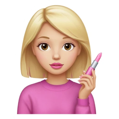 A blonde haired girl with a pink sweater and holding a lip gloss sticker