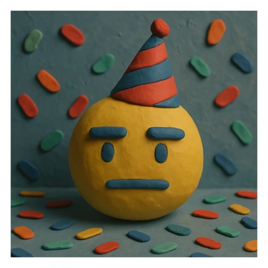 deadpan emoji with a straight mouth, wearing a party hat and surrounded by confetti, claymation style sticker