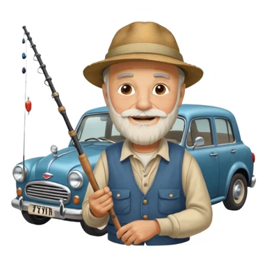 Открытка С Днем рождения дедушке с бородкой. ему 72 года. без текста. тема авто и рыбалка. sticker