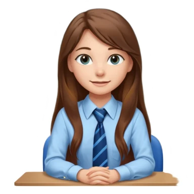 high school class room with a pretty female high school student with long brown hair, blue eyes, wearing a tie, sitting in front of the blackboard sticker