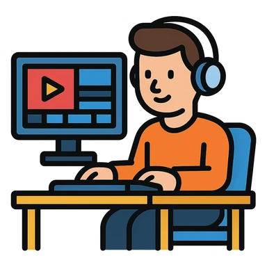 a man sitting at a table editing videos, color outline icon style sticker