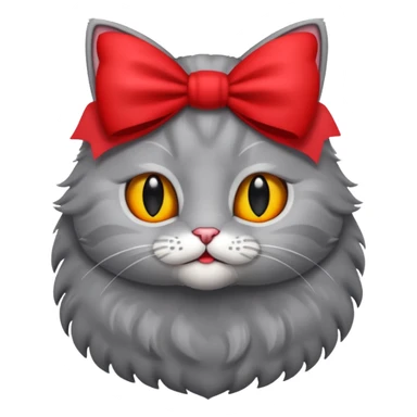 Fluffy grey kitty lying with a red bow sticker